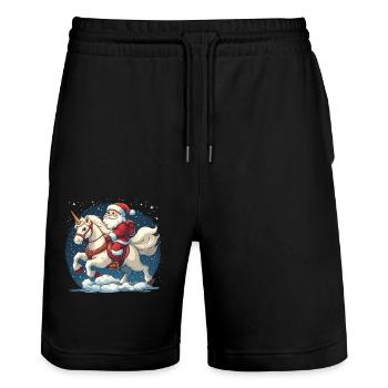 Funny Santa Claus Unicorn Motif - Stanley/Stella Trainer Unisex Organic Jogging Shorts - black - Front - Nik (191cm) & Marisol (170cm)