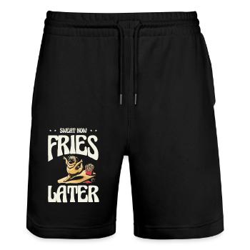 Now sweat French fries later, fitness humor - Stanley/Stella Trainer Unisex Organic Jogging Shorts - black - Front - Nik (191cm) & Marisol (170cm)