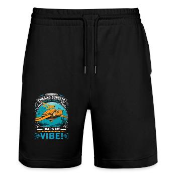 Chasing sunsets and sea turtles – that’s my vibe! - Stanley/Stella Trainer Unisex Organic Jogging Shorts - black - Front - Nik (191cm) & Marisol (170cm)