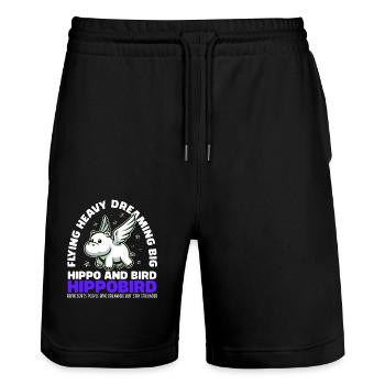 VOLER LOURD RÊVER GRAND - HIPPOPOTAME ET OISEAU - Short de jogging bio TRAINER Stanley/Stella unisexe - noir - Devant - Nik (191cm) & Marisol (170cm)