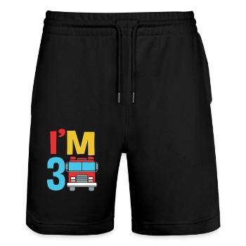 Fire engine children's birthday party - Stanley/Stella Trainer Unisex Organic Jogging Shorts - black - Front - Nik (191cm) & Marisol (170cm)
