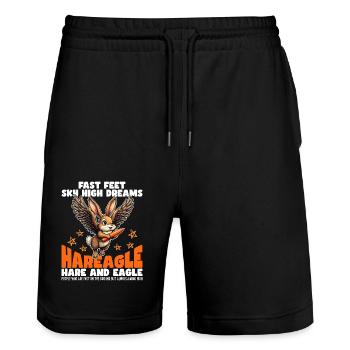 SCHNELLE FÜSSE HIMMELHOHE TRÄUME - HASE UND ADLER - Stanley/Stella Unisex Bio Joggingshorts Trainer  - Schwarz - Vorne - Nik (191cm) & Marisol (170cm)