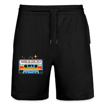 Born in the 90's Kassette Retro Look 90er Fans - Stanley/Stella Unisex Bio Joggingshorts Trainer  - Schwarz - Vorne - Nik (191cm) & Marisol (170cm)
