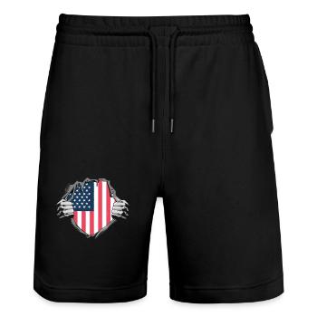 American flag unveiling design - Stanley/Stella Trainer Unisex Organic Jogging Shorts - black - Front - Nik (191cm) & Marisol (170cm)