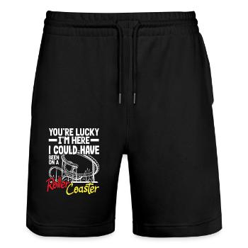 Du Hast Glück Ich Bin Hier Roller Coaster - Stanley/Stella Unisex Bio Joggingshorts Trainer  - Schwarz - Vorne - Nik (191cm) & Marisol (170cm)