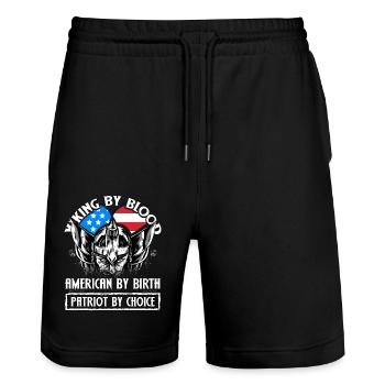 Wikinger von Blut Amerikaner von Geburt Patriot von - Stanley/Stella Unisex Bio Joggingshorts Trainer  - Schwarz - Vorne - Nik (191cm) & Marisol (170cm)