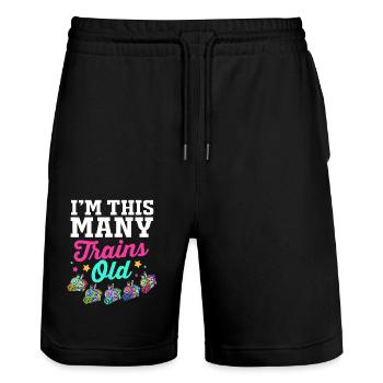 Children's Birthday Train Train Driver Locomotive - Stanley/Stella Trainer Unisex Organic Jogging Shorts - black - Front - Nik (191cm) & Marisol (170cm)