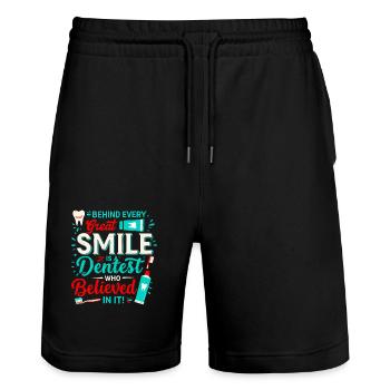 Behind every great smile is a dentist who believed - Stanley/Stella Trainer Unisex Organic Jogging Shorts - black - Front - Nik (191cm) & Marisol (170cm)
