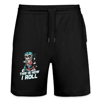 So Rolle Ich: Skater-Skelett auf Roller - Stanley/Stella Unisex Bio Joggingshorts Trainer  - Schwarz - Vorne - Nik (191cm) & Marisol (170cm)