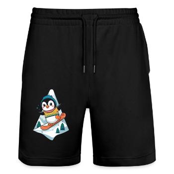 Penguin Snowboard Adventure on the Mountain - Stanley/Stella Trainer Unisex Organic Jogging Shorts - black - Front - Nik (191cm) & Marisol (170cm)