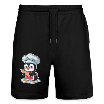 Cute penguin baker with rolling pin - Stanley/Stella Trainer Unisex Organic Jogging Shorts - black - Front - Nik (191cm) & Marisol (170cm)