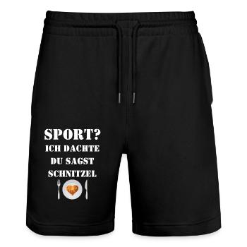 Lustig - Sport? Ich dachte, du sagst Schnitzel - Stanley/Stella Unisex Bio Joggingshorts Trainer  - Schwarz - Vorne - Nik (191cm) & Marisol (170cm)