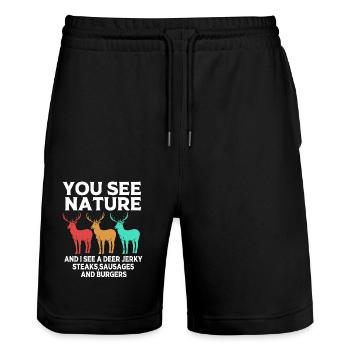 Chasse au chasseur - Short de jogging bio TRAINER Stanley/Stella unisexe - noir - Devant - Nik (191cm) & Marisol (170cm)