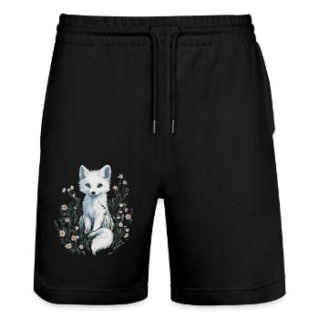 Elegant White Fox in Flower Meadow Painting - Stanley/Stella Trainer Unisex Organic Jogging Shorts - black - Front - Nik (191cm) & Marisol (170cm)