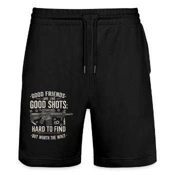 Good friends are like good shots: hard to find but - Stanley/Stella Trainer Unisex Organic Jogging Shorts - black - Front - Nik (191cm) & Marisol (170cm)