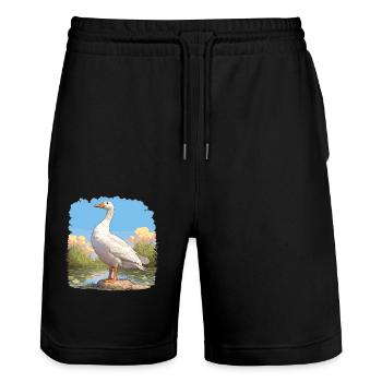 geese goose - Stanley/Stella Trainer Unisex Organic Jogging Shorts - black - Front - Nik (191cm) & Marisol (170cm)