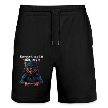 Respawn Like a Cat - Nine Lives Gamer Cat Design - Stanley/Stella Trainer Unisex Organic Jogging Shorts - black - Front - Nik (191cm) & Marisol (170cm)