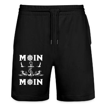 Moin Moin Nordischer Gruß Anker Wellen Möwen - Stanley/Stella Unisex Bio Joggingshorts Trainer  - Schwarz - Vorne - Nik (191cm) & Marisol (170cm)