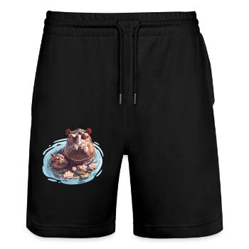 Hippopotamus Hippopotamus - Stanley/Stella Trainer Unisex Organic Jogging Shorts - black - Front - Nik (191cm) & Marisol (170cm)