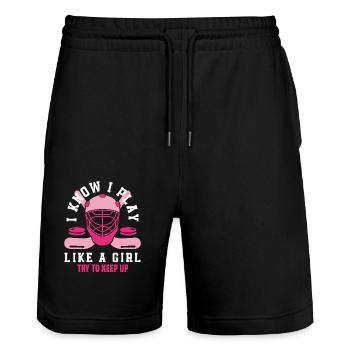 I play like a girl field hockey player - Stanley/Stella Trainer Unisex Organic Jogging Shorts - black - Front - Nik (191cm) & Marisol (170cm)