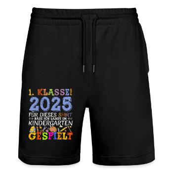 Schulkind 2025 Einschulung Erstklässler - Stanley/Stella Unisex Bio Joggingshorts Trainer  - Schwarz - Vorne - Nik (191cm) & Marisol (170cm)