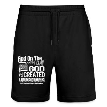 Librarian God Created Librarians - Stanley/Stella Trainer Unisex Organic Jogging Shorts - black - Front - Nik (191cm) & Marisol (170cm)