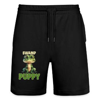 Mignon chiot des marais bébé crocodile dessin animé - Short de jogging bio TRAINER Stanley/Stella unisexe - noir - Devant - Nik (191cm) & Marisol (170cm)