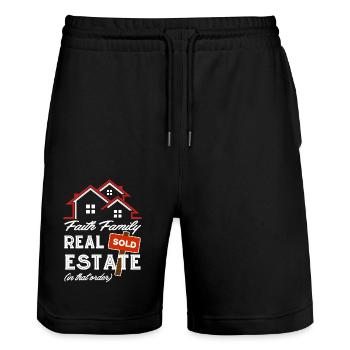 Real Estate Agent Faith Family Real Estate - Stanley/Stella Trainer Unisex Organic Jogging Shorts - black - Front - Nik (191cm) & Marisol (170cm)