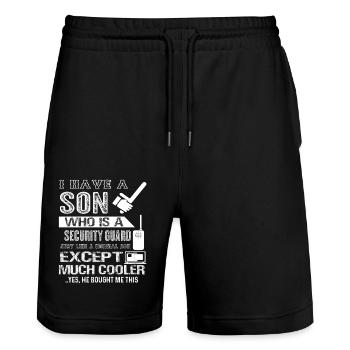 Security Guard My Son Is A Security Guard - Stanley/Stella Trainer Unisex Organic Jogging Shorts - black - Front - Nik (191cm) & Marisol (170cm)