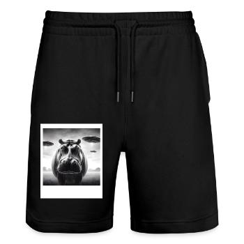 Hippo Sci-fi Funny Graphic Selfie with UFOs Weird - Stanley/Stella Trainer Unisex Organic Jogging Shorts - black - Front - Nik (191cm) & Marisol (170cm)