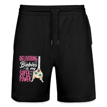 Midwife Delivering babies is my superpower - Stanley/Stella Trainer Unisex Organic Jogging Shorts - black - Front - Nik (191cm) & Marisol (170cm)