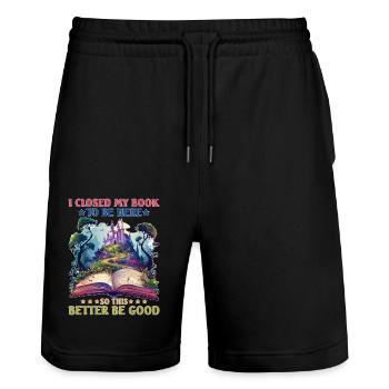 I Closed My Book To Be Here 95 - Stanley/Stella Unisex Bio Joggingshorts Trainer  - Schwarz - Vorne - Nik (191cm) & Marisol (170cm)