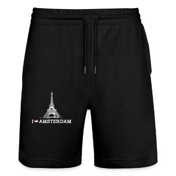J’aime la Tour Eiffel Amsterdam Lover Coeur Drapeau Jeu de mots - Short de jogging bio TRAINER Stanley/Stella unisexe - noir - Devant - Nik (191cm) & Marisol (170cm)