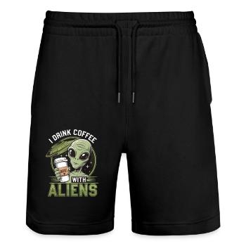 Witziges Ich trinke Kaffee mit Aliens - Stanley/Stella Unisex Bio Joggingshorts Trainer  - Schwarz - Vorne - Nik (191cm) & Marisol (170cm)