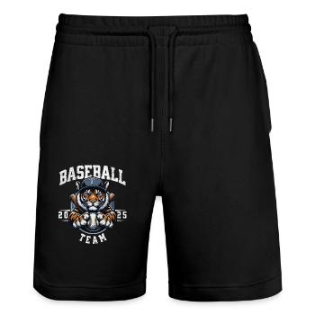 Sportliches Baseball Design mit einem Tiger - Stanley/Stella Unisex Bio Joggingshorts Trainer  - Schwarz - Vorne - Nik (191cm) & Marisol (170cm)