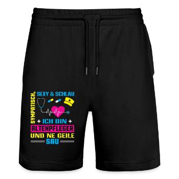 Altenpflege Pfleger Pflegepersonal Pflegekraft - Stanley/Stella Unisex Bio Joggingshorts Trainer  - Schwarz - Vorne - Nik (191cm) & Marisol (170cm)