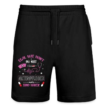 Altenpflege Pfleger Pflegepersonal Pflegekraft - Stanley/Stella Unisex Bio Joggingshorts Trainer  - Schwarz - Vorne - Nik (191cm) & Marisol (170cm)