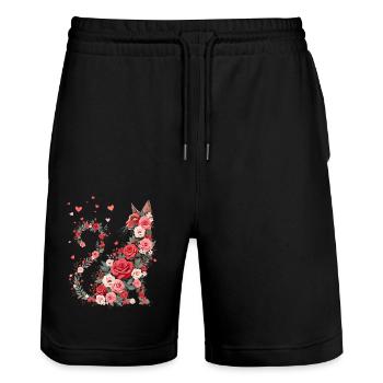 Blumen Katze für Katzen Besitzer und Valentinstag - Stanley/Stella Unisex Bio Joggingshorts Trainer  - Schwarz - Vorne - Nik (191cm) & Marisol (170cm)