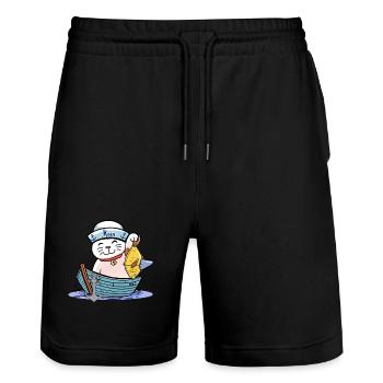 maritim Katze witzig Fischer Fisch Kinder Seemann - Stanley/Stella Unisex Bio Joggingshorts Trainer  - Schwarz - Vorne - Nik (191cm) & Marisol (170cm)