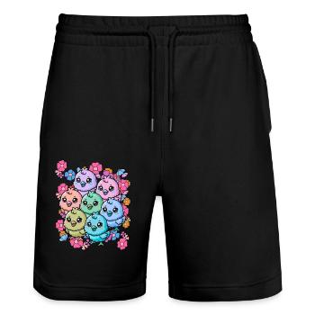 80s 90s Happy Easter Chick Child Kids Baby - Stanley/Stella Trainer Unisex Organic Jogging Shorts - black - Front - Nik (191cm) & Marisol (170cm)