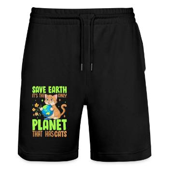 Rette die Erde, es ist der einzige Planet, auf dem es Katzen gibt - Stanley/Stella Unisex Bio Joggingshorts Trainer  - Schwarz - Vorne - Nik (191cm) & Marisol (170cm)