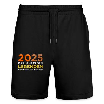 Schulkind 2025 Junge Mädchen Einschulung 2025 Deko - Stanley/Stella Unisex Bio Joggingshorts Trainer  - Schwarz - Vorne - Nik (191cm) & Marisol (170cm)