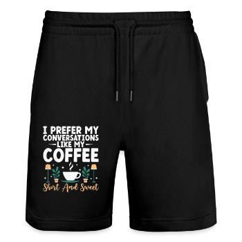 Je préfère mes conversations comme mon café court et - Short de jogging bio TRAINER Stanley/Stella unisexe - noir - Devant - Nik (191cm) & Marisol (170cm)