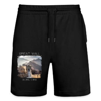 Große Mauer - Stanley/Stella Unisex Bio Joggingshorts Trainer  - Schwarz - Vorne - Nik (191cm) & Marisol (170cm)