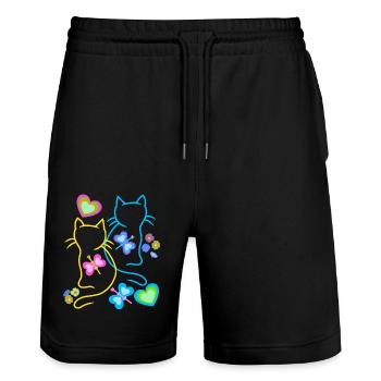 Chat Chats Printemps Chaton Enfants Rétro Années 80 - Short de jogging bio TRAINER Stanley/Stella unisexe - noir - Devant - Nik (191cm) & Marisol (170cm)