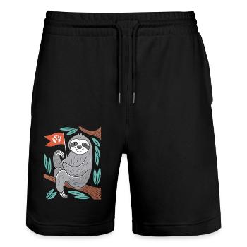 Environmentalist sloth with earth flag - Stanley/Stella Trainer Unisex Organic Jogging Shorts - black - Front - Nik (191cm) & Marisol (170cm)