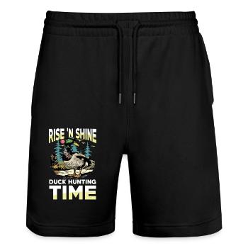 Duck hunters shoot heavier loads flag - Stanley/Stella Trainer Unisex Organic Jogging Shorts - black - Front - Nik (191cm) & Marisol (170cm)
