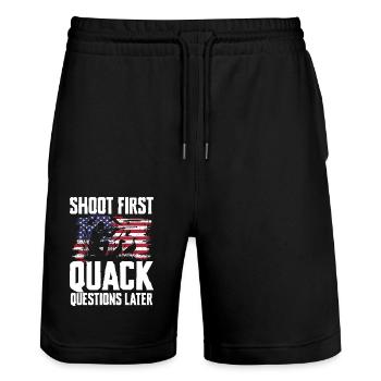 Duck hunters shoot heavier loads flag - Stanley/Stella Trainer Unisex Organic Jogging Shorts - black - Front - Nik (191cm) & Marisol (170cm)