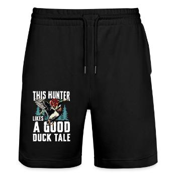 Duck hunters shoot heavier loads flag - Stanley/Stella Trainer Unisex Organic Jogging Shorts - black - Front - Nik (191cm) & Marisol (170cm)