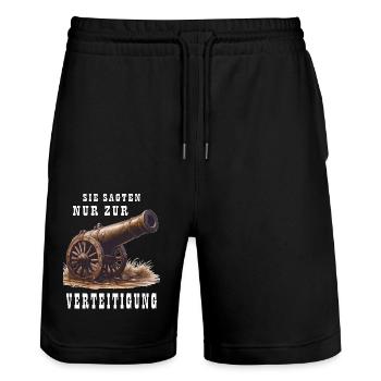 CANNON THEY SAID ONLY IN DEFENSE - Stanley/Stella Trainer Unisex Organic Jogging Shorts - black - Front - Nik (191cm) & Marisol (170cm)